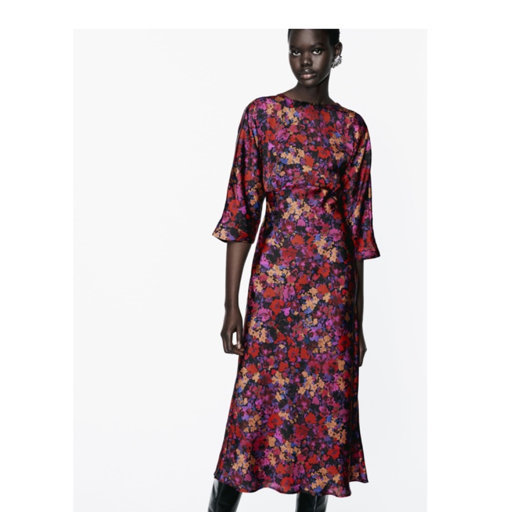 Zara printed satin effect midi dress multicolor